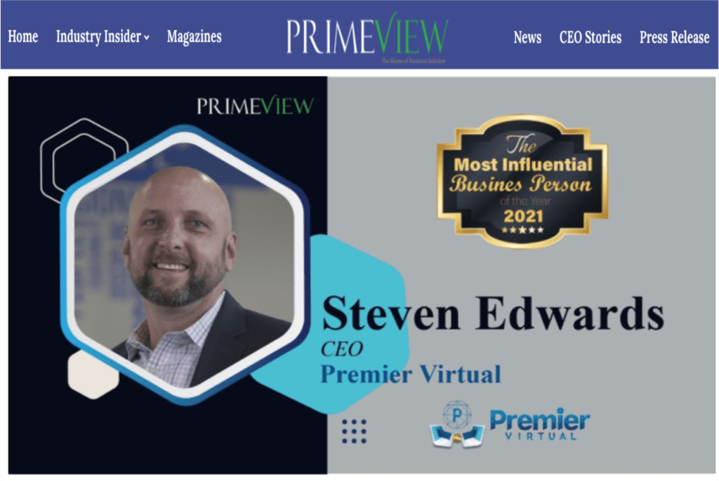 Premier Virtual - Primeview article featuring Steve Edwards, the most influential business person award, 2021