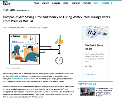 Premier Virtual - Tech Times article how companies are saving time and money hiring with virtual hiring events.